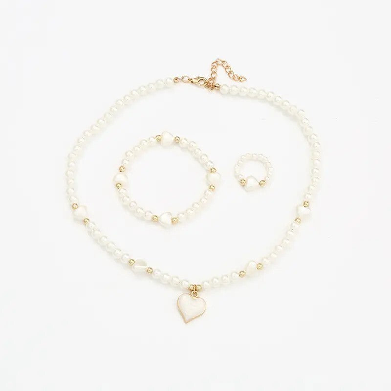 3pcs Necklace Bracelet Ring Set Girls, Sweet Heart Faux Pearl Jewelry Set 107 UK