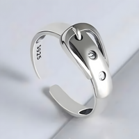 Silver Buckle Ring, S925 Sterling Silver CZ Adjustable Belt Ring, Stackable 494