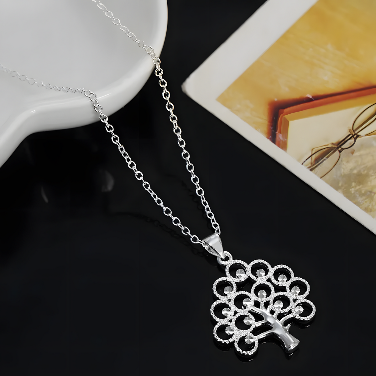 925 Sterling Silver 18 inches Elegant Acacia beans pendant Necklace Women 449