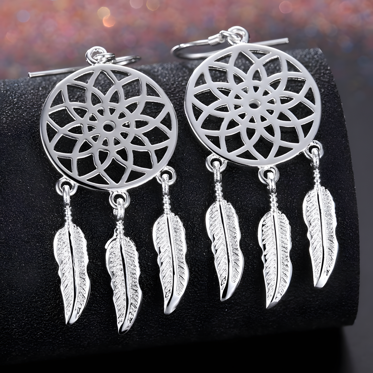 Silver Plated Alloy Dreamcatcher Drop Earrings for Women Feather Charm HooK 1414