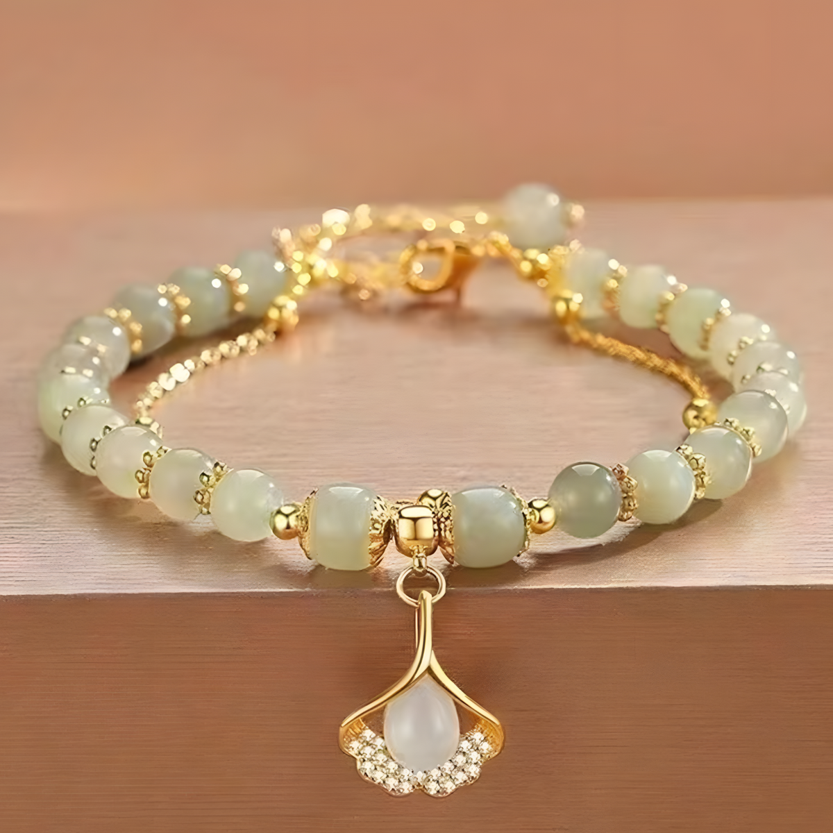 Elegant Pale Green Jade Beaded Bracelet, Gold Tone Adjustable Chain, Lotus 1741