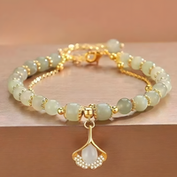 Elegant Pale Green Jade Beaded Bracelet, Gold Tone Adjustable Chain, Lotus 1741