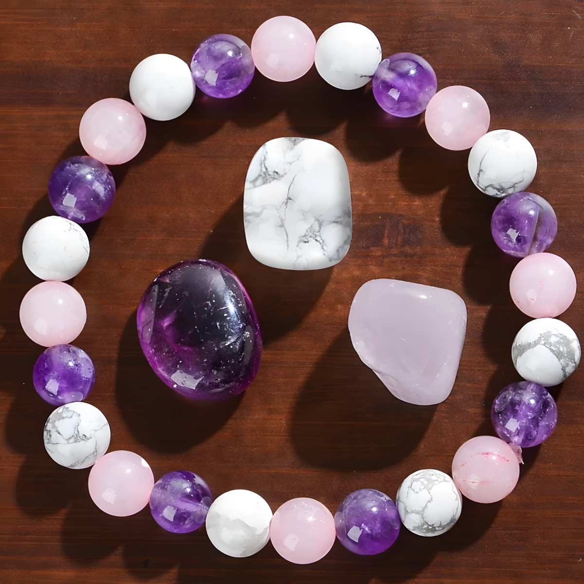 8mm Sleep Bracelet – Amethyst, Rose Quartz & Howlite Beads, 8mm Round Beads 1487