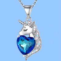Unicorn Heart Crystal Pendant Necklace Women Zinc Alloy Chain, Artificial 1119