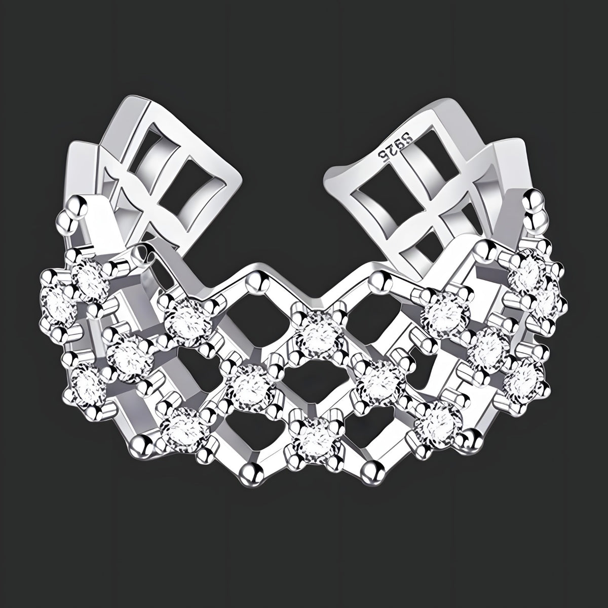 925 Sterling Silver Adjustable Geometric Ring with AAA Cubic Zirconia 382