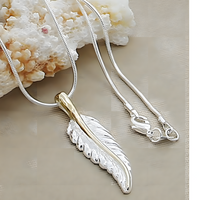 Feather Pendant Necklace 18 Inch Snake Chain - Two Tone Textured Feather 1500