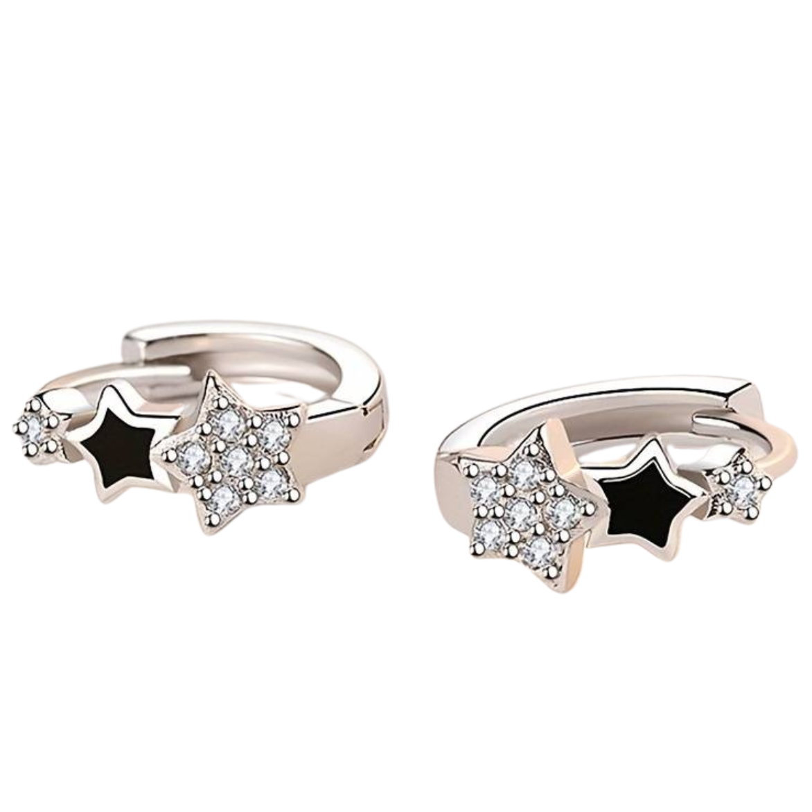Silver Plated Huggie Hoop Earrings with Black Enamel and Cubic Zirconia Star 156
