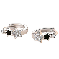 Silver Plated Huggie Hoop Earrings with Black Enamel and Cubic Zirconia Star 156