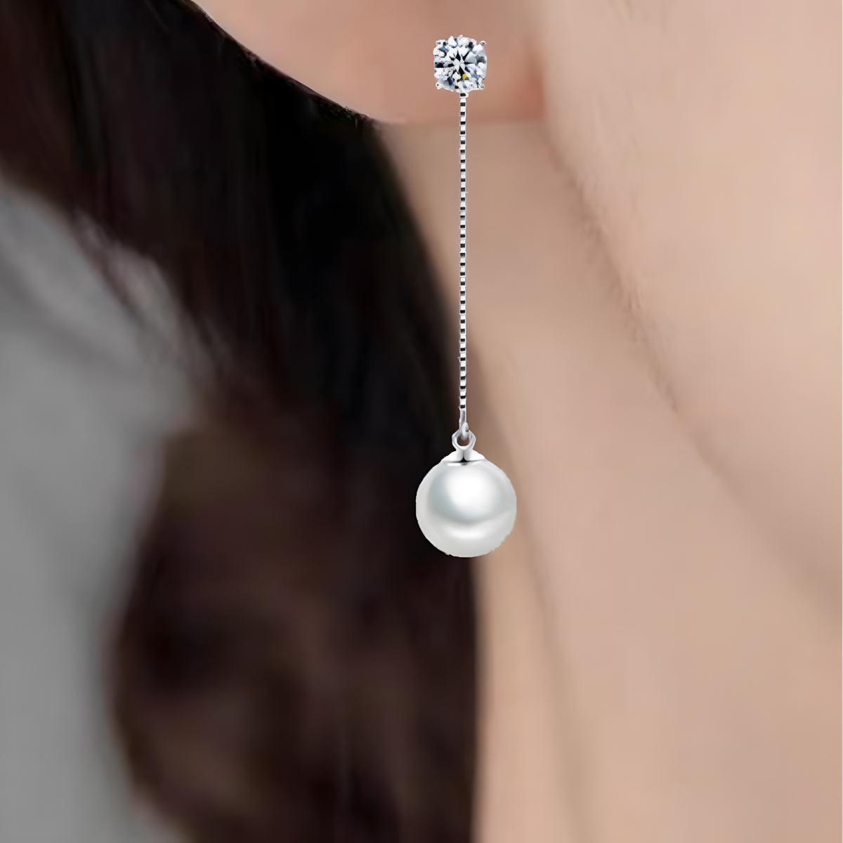 Silver-Plated Pearl Drop Earrings Women Long Chain Dangle Cubic Zirconia 922