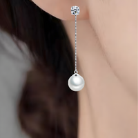 Silver-Plated Pearl Drop Earrings Women Long Chain Dangle Cubic Zirconia 922