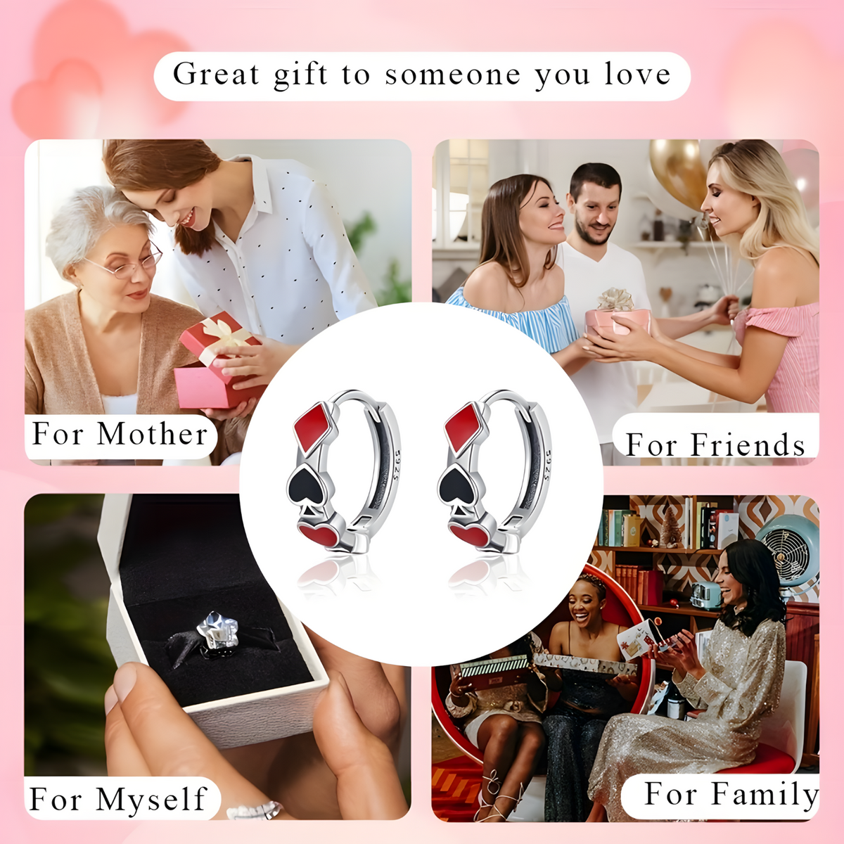 925 Sterling Silver Heart & Spade Hoop Earrings Women Red & Black Enamel 837