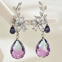 Statement Drop Earrings for Women Silver Plated, Purple & Clear CZ Crystals 294