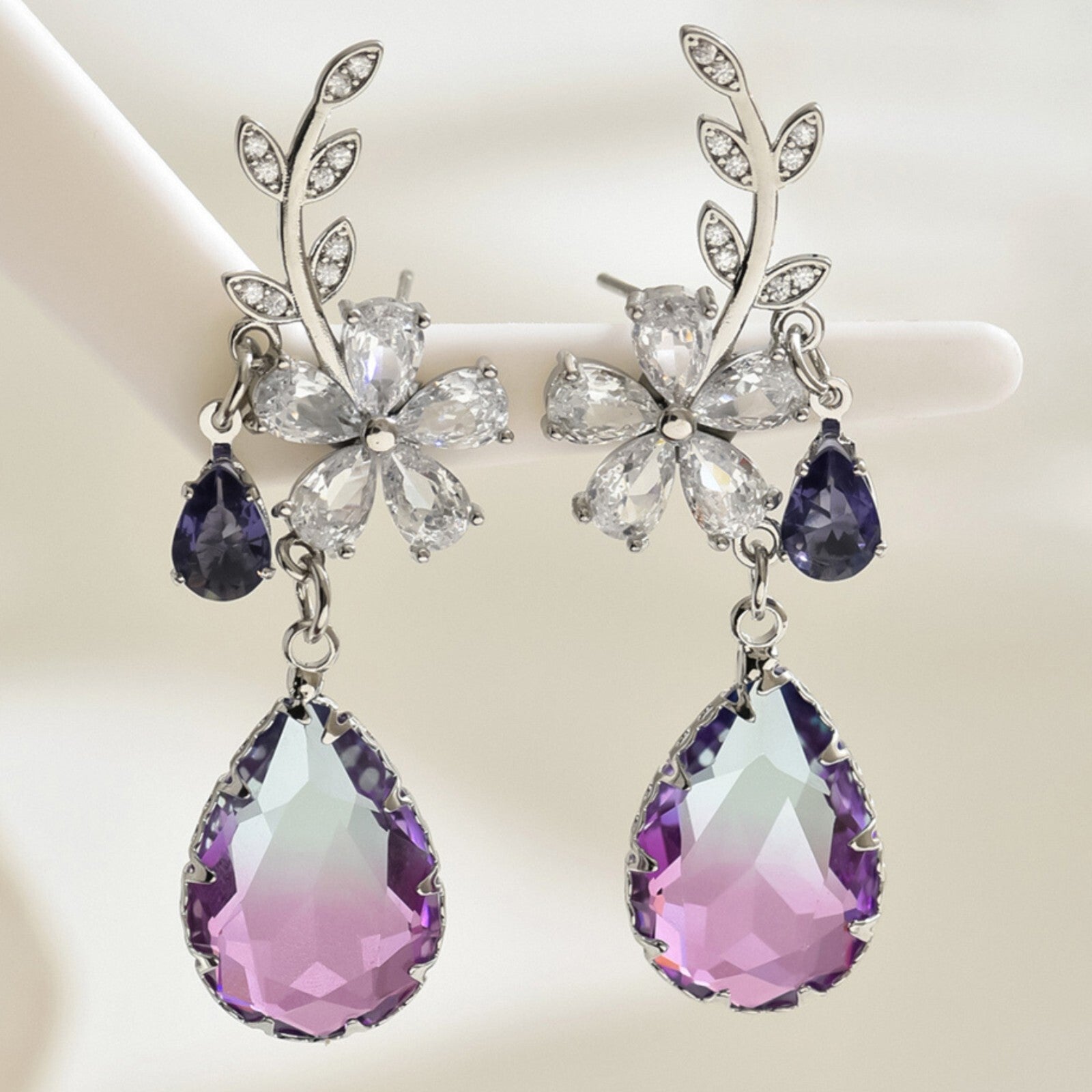 Statement Drop Earrings for Women Silver Plated, Purple & Clear CZ Crystals 294