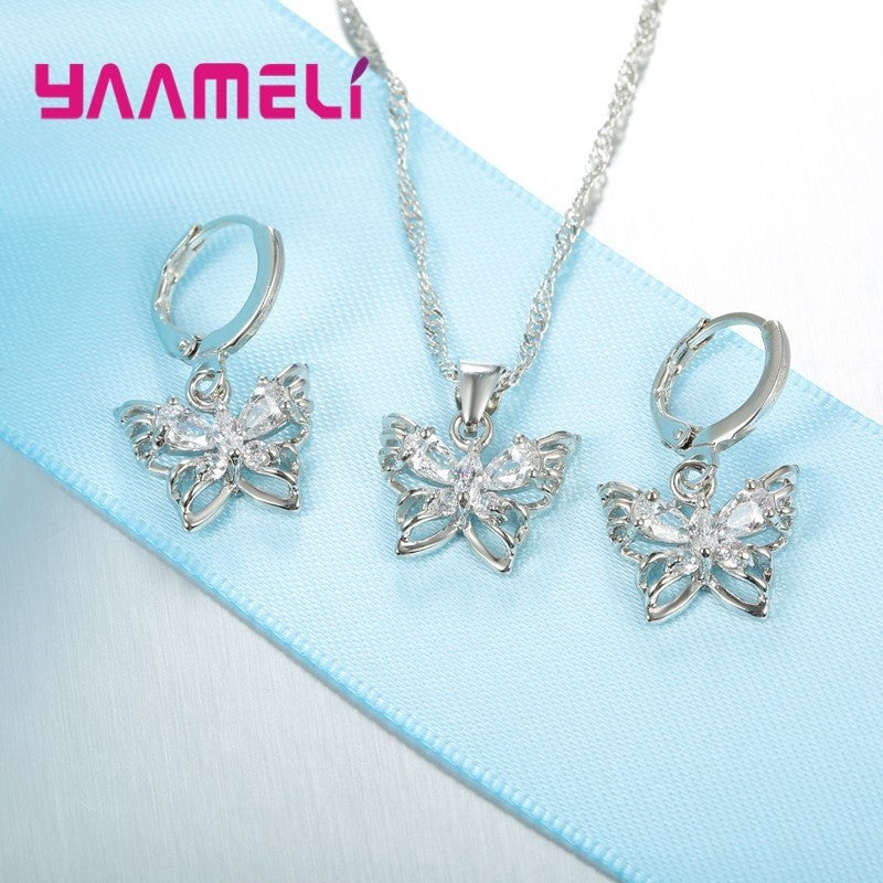 Butterfly Necklace and Earrings Set – Silver-Plated Alloy Cubic Zirconia 1229