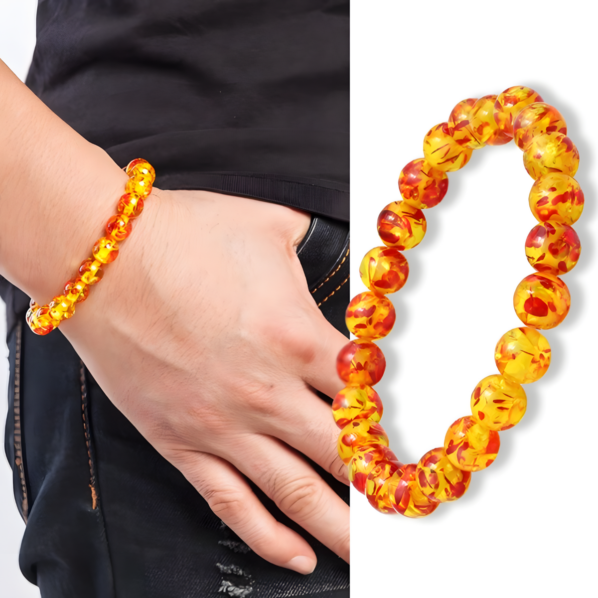 8mm Natural Amber Bead Bracelet, Unisex Stretch Bangle, Buddha Charm 528