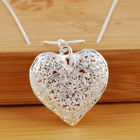 Filigree Heart Pendant Necklace for Women – Silver Plated Alloy Floral Cut 1101