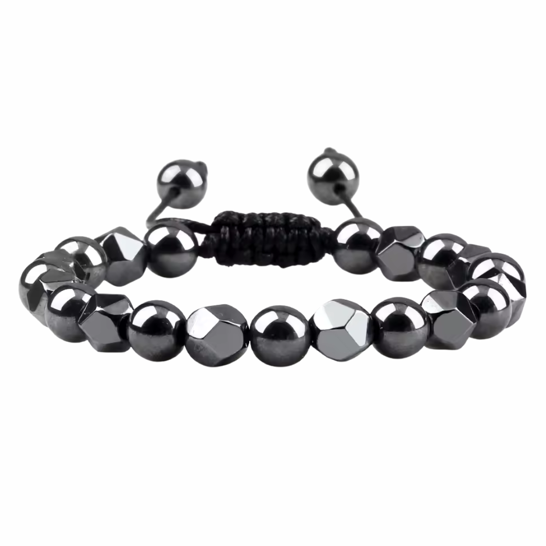 Grey 8mm Hematite Beaded Bracelet Adjustable Macrame Bracelet Unisex Magnet 1352