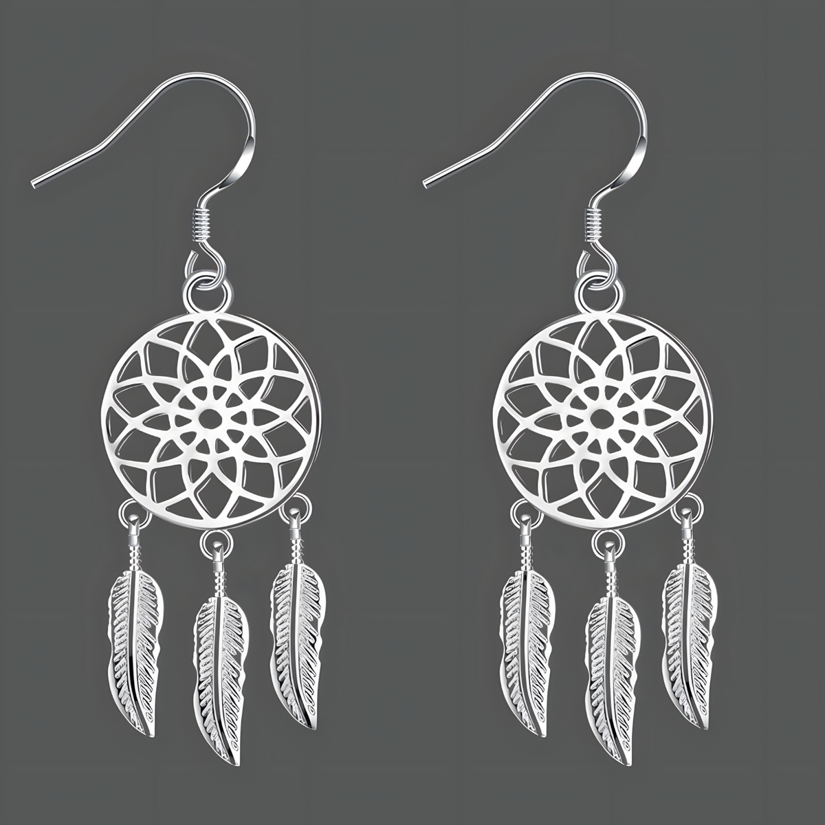 Silver Plated Alloy Dreamcatcher Drop Earrings for Women Feather Charm HooK 1414