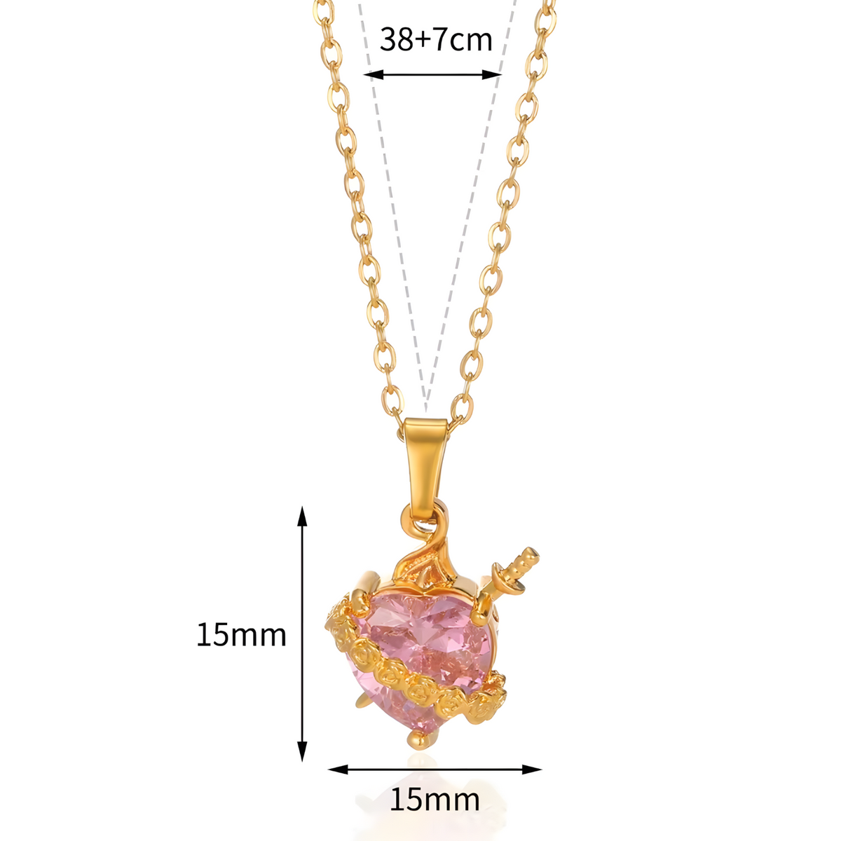 Women's Gold Plated Heart Necklace, Pink Zircon Pendant Cupid Arrow B173