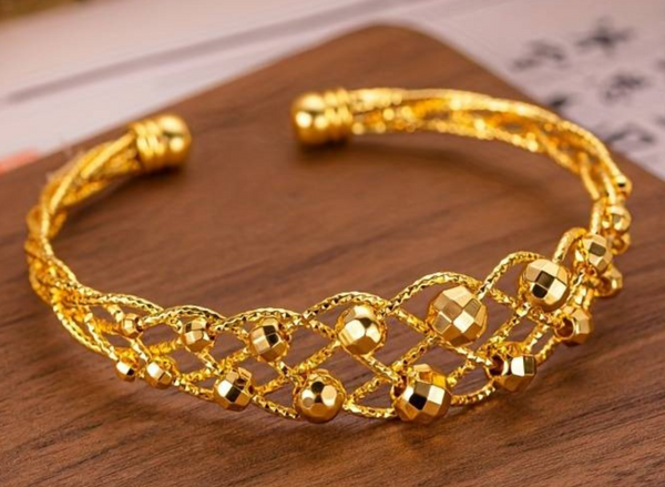 24K Gold Plated Copper Cuff Bracelet for Women, Adjustable Open Bangle Shiny 122