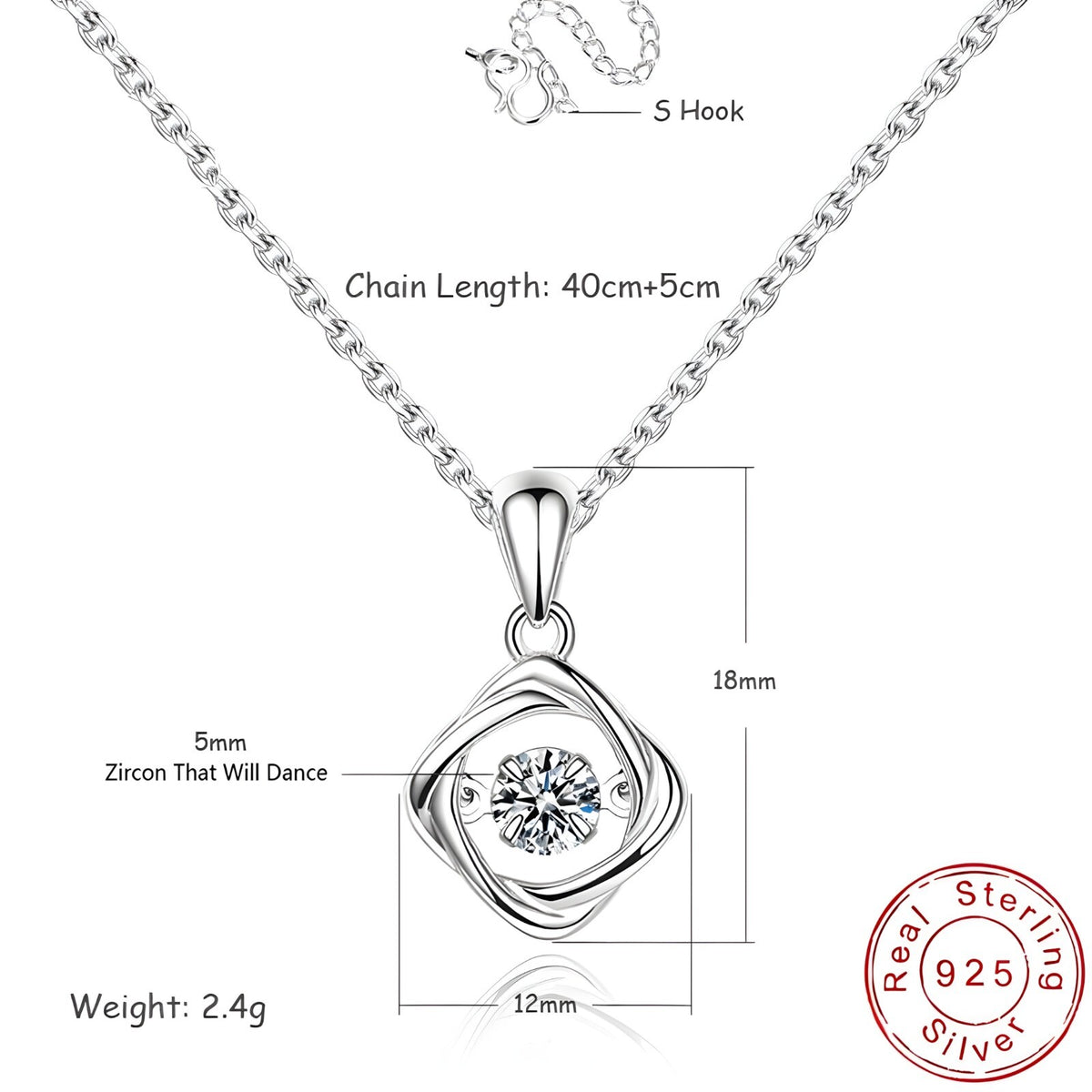 925 Sterling Silver Dancing Zircon Necklace – Twisted Pendant Charm with 5mm 274