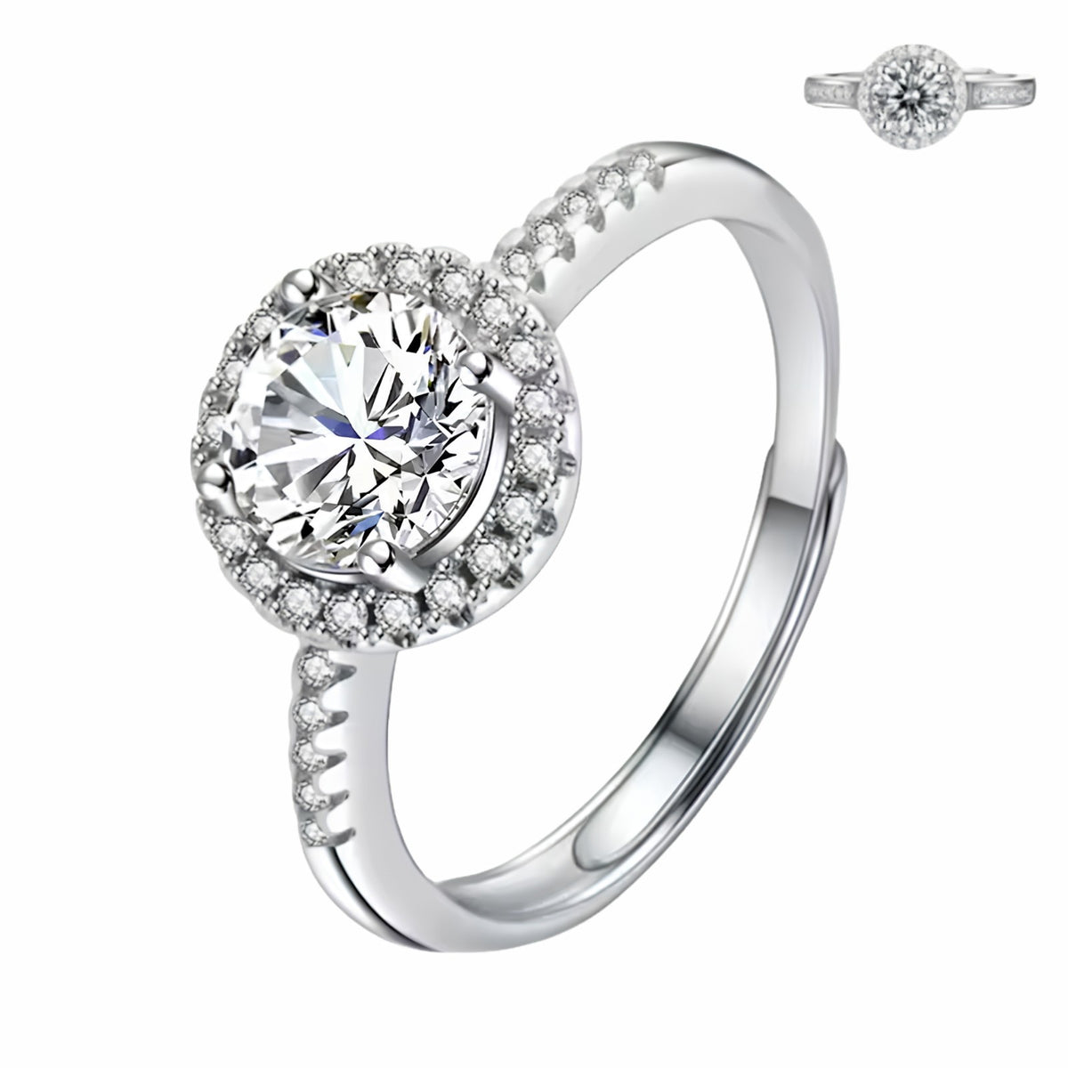 Women's Round Brilliant Zircon Halo Ring Adjustable, Silver Tone Engagement 1609