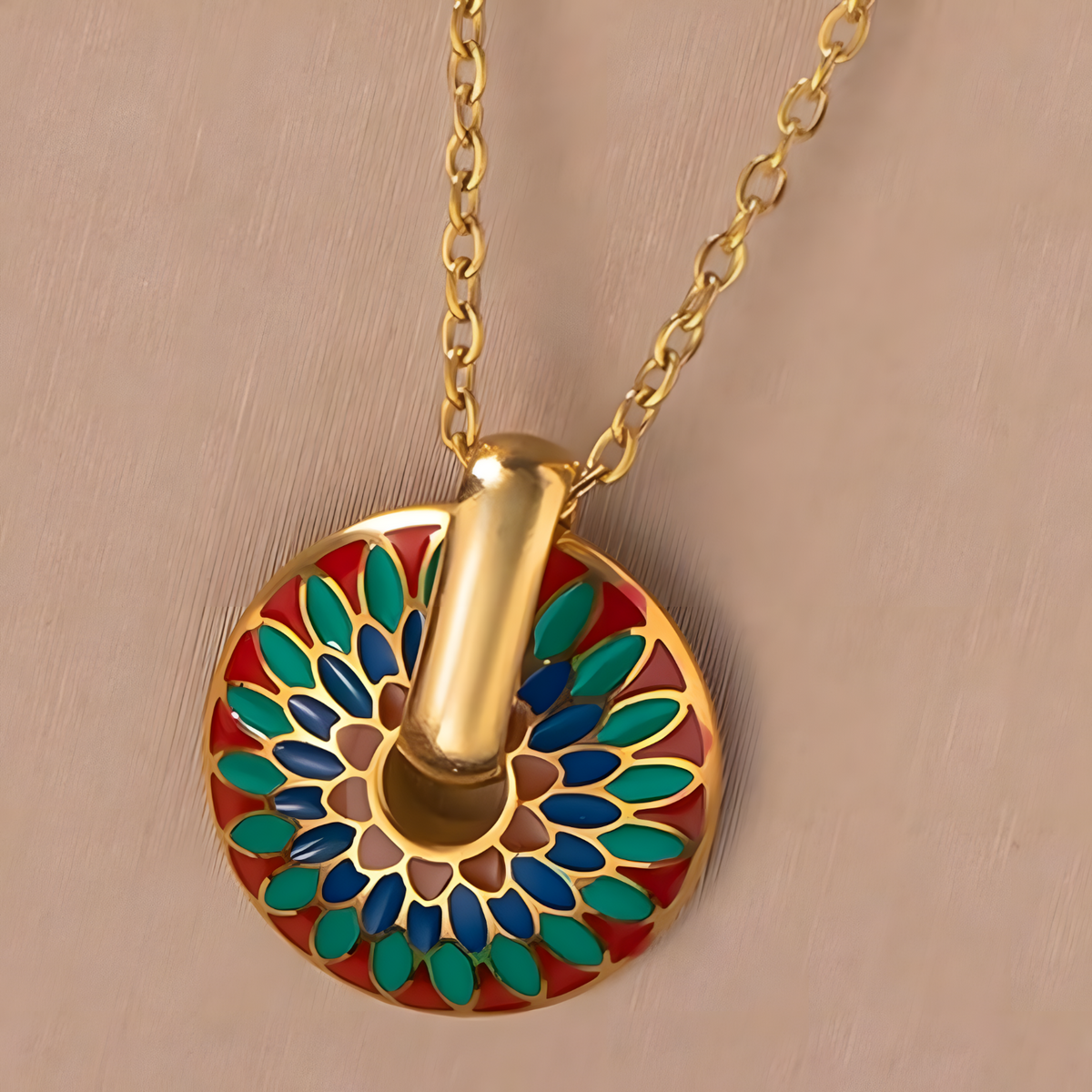 Gold Tone Painted Chrysanthemum Necklace and Hoop Earrings Set, Colourful 1725