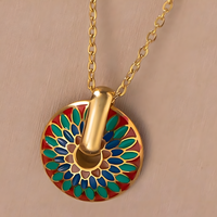 Gold Tone Painted Chrysanthemum Necklace and Hoop Earrings Set, Colourful 1725