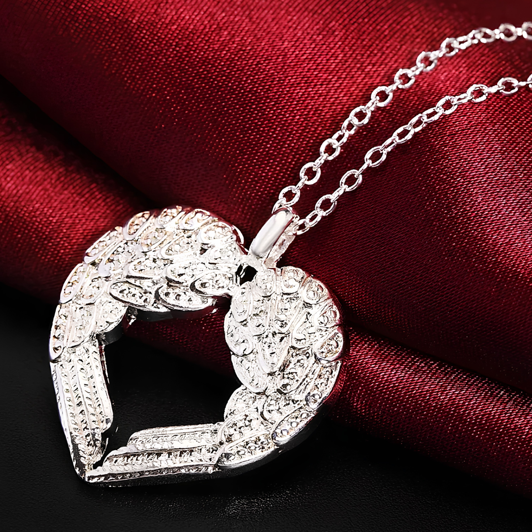 Angel Wing Heart Pendant Necklace, Silver Colour Link Chain, Love Charm 1796