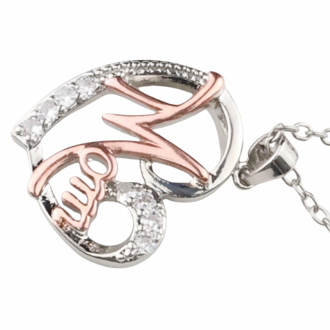 Two Tone Mom Heart Necklace Silver And Rose Gold Pendant Cubic Zirconia 1363