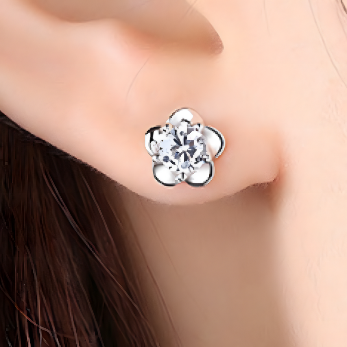 925 Silver-Plated Crystal Flower Stud Earrings Women Vintage Plant Design 1042