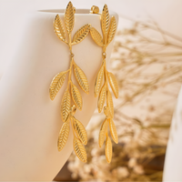 Golden Stainless Steel Leaf Earrings - Simple Nature Inspired Drop Jewelry B40