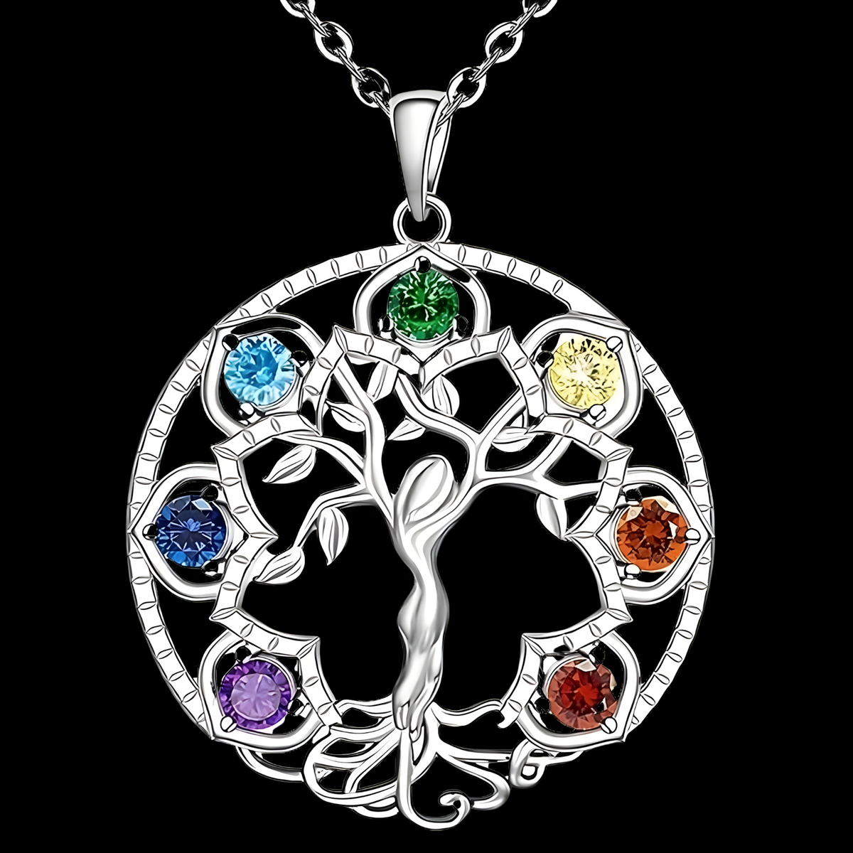 7 Chakra Tree of Life Pendant, Silver Plated Yoga Healing Stone Necklace B152