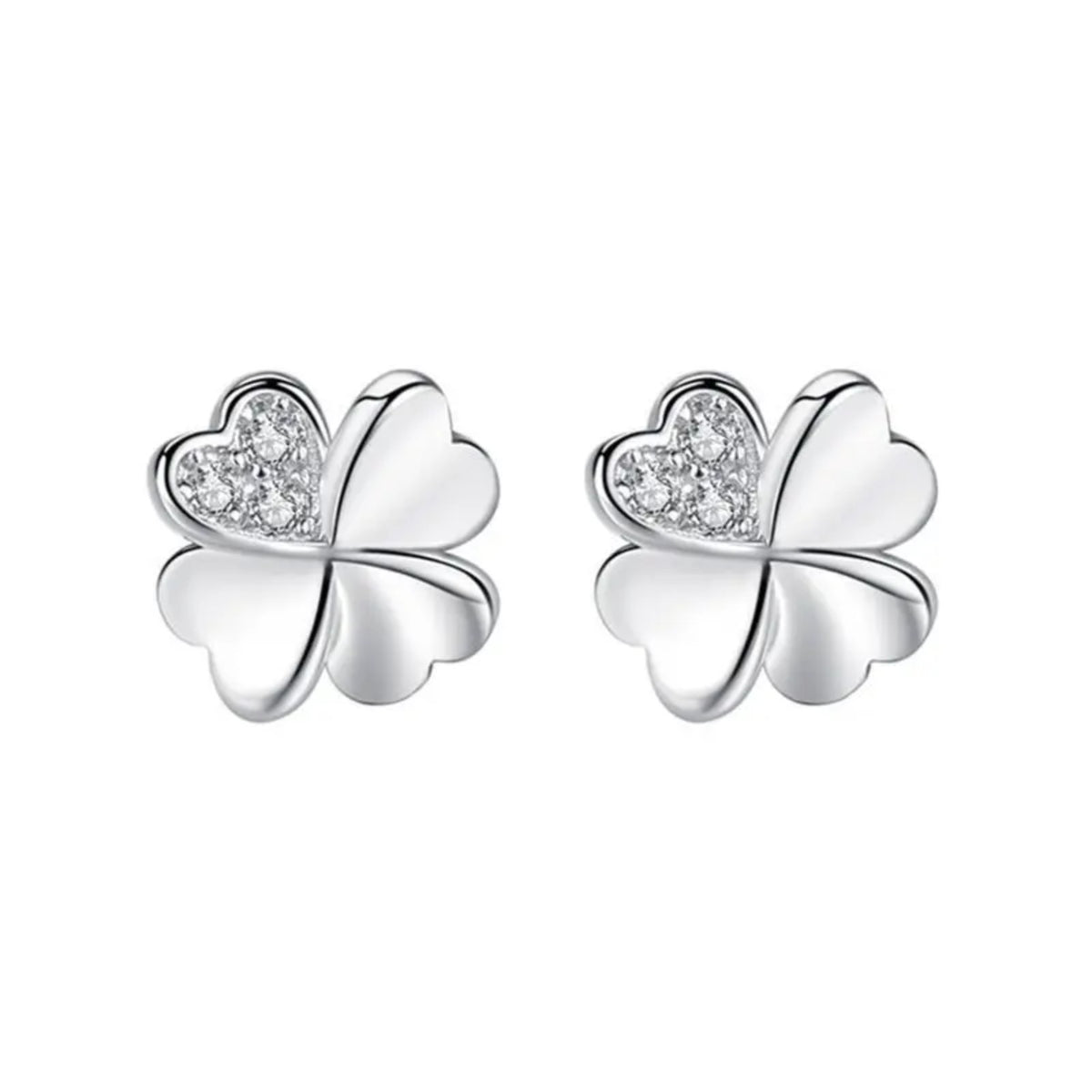 925 Silver-Plated Four Leaf Clover Heart Stud Earrings Women Crystal Accent 1055