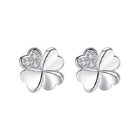 925 Silver-Plated Four Leaf Clover Heart Stud Earrings Women Crystal Accent 1055
