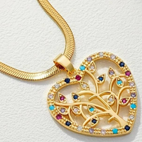 Gold Heart Pendant Necklace with Tree of Life Design, Embellished Crystals 144