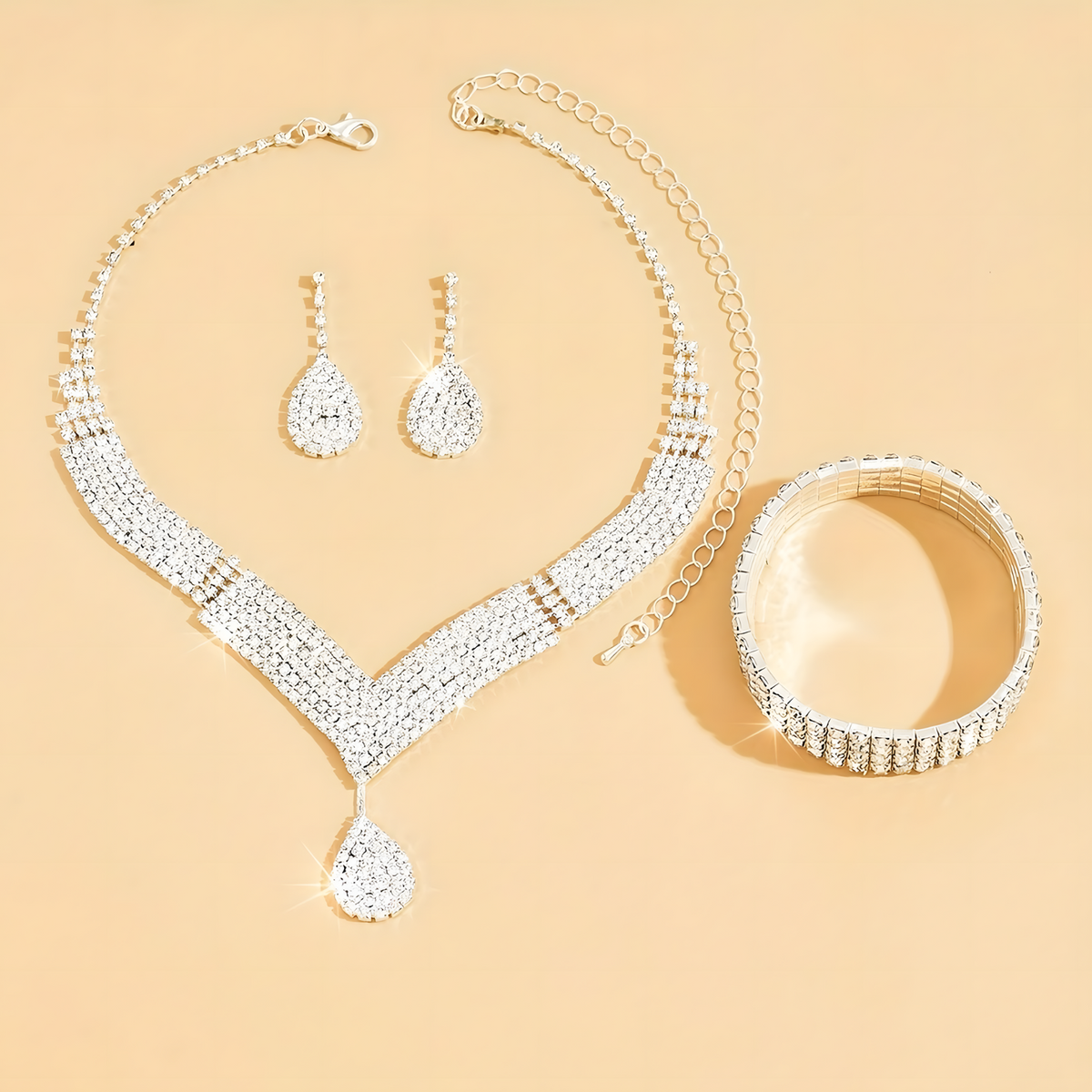 4PCS Gold Colour Rhinestone Jewellery Set for Women Necklace Bracelet & Drop 671