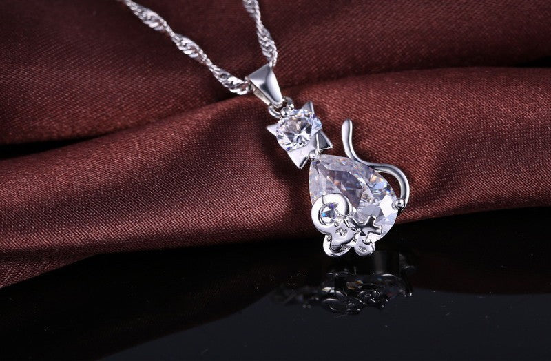 925 Sterling Silver Colour Cat Jewellery Set for Girls Cubic Zircon Necklace 726