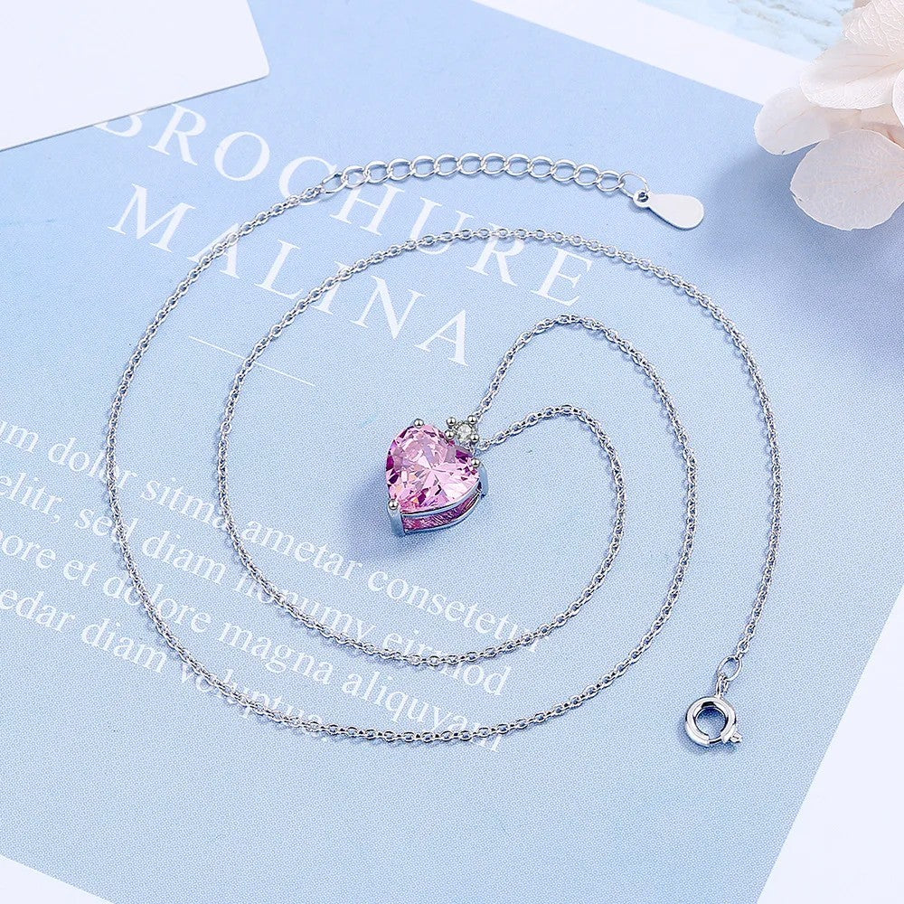 Heart Pendant Necklace For Women Pink Cubic Zirconia Silver Plated 1435