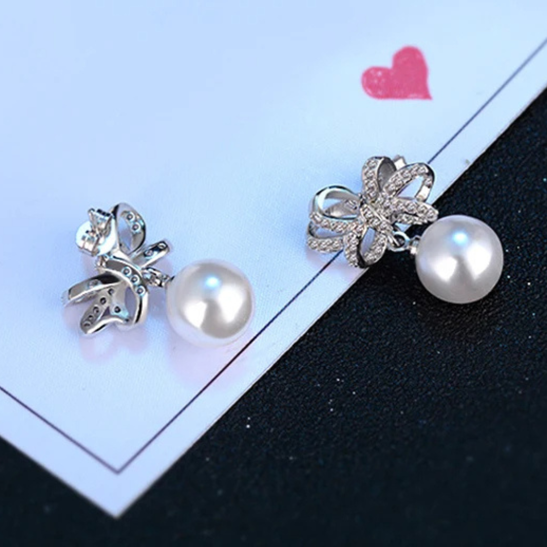 925 Sterling Silver Bow Knot Drop Earrings Pearls - CZ Bow & Pearl Dangle 351