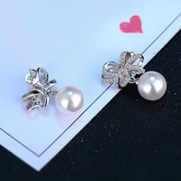 925 Sterling Silver Bow Knot Drop Earrings Pearls - CZ Bow & Pearl Dangle 351