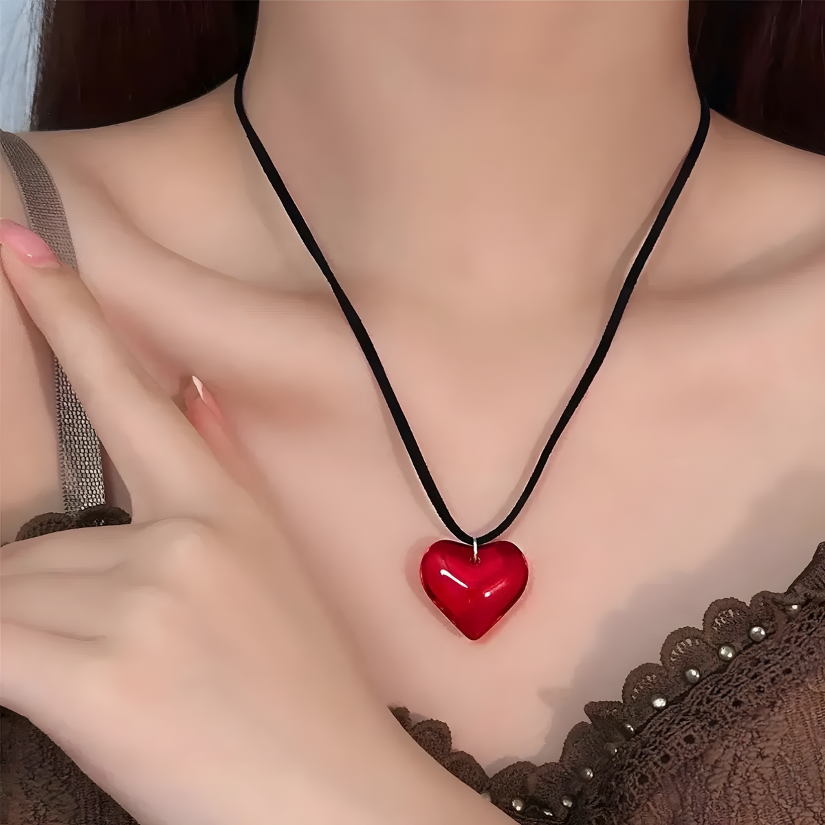 Red Heart Pendant Necklace for Women – Resin Artificial Crystal Heart Charm 1198