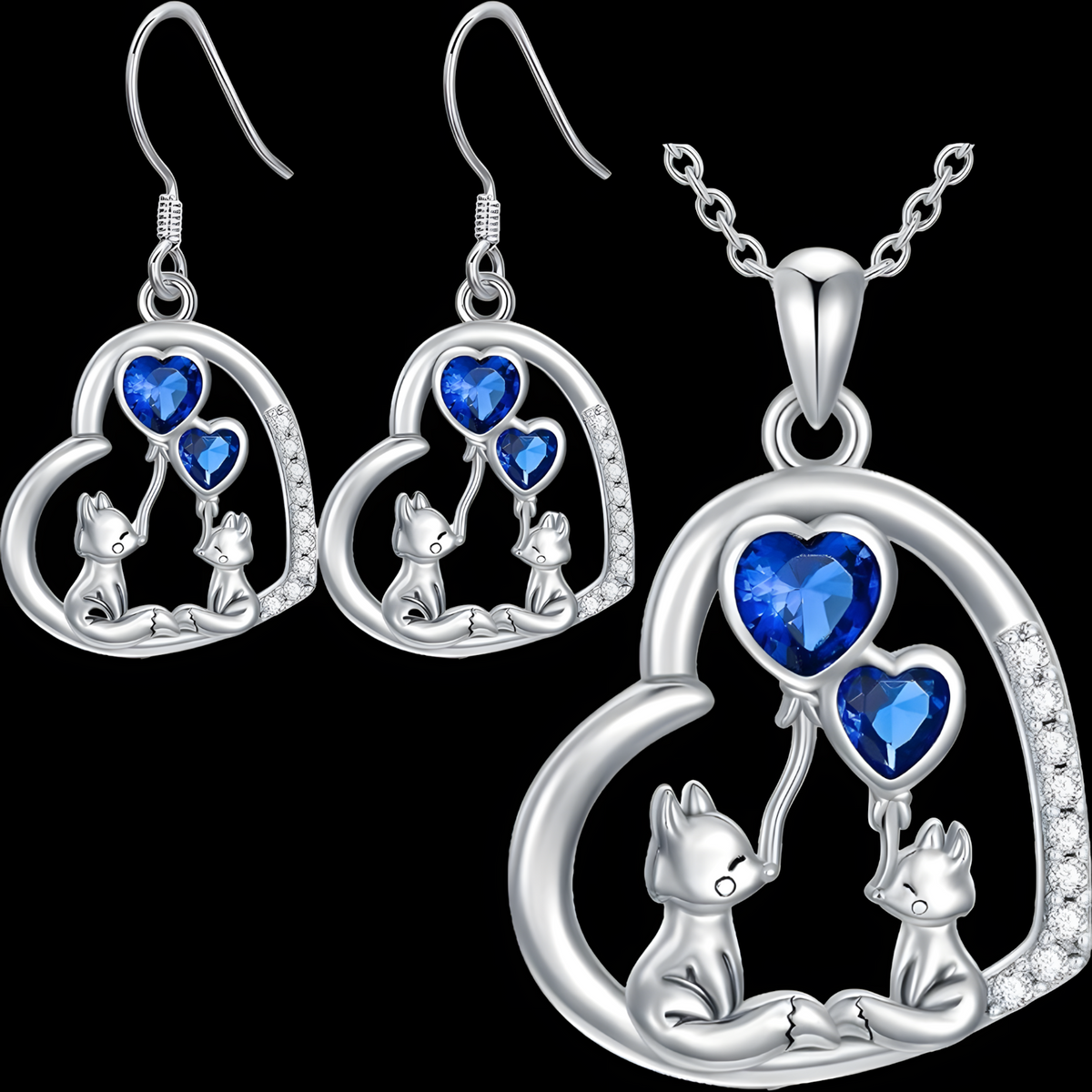 Blue Heart Fox Necklace and Earrings Set – Zinc Alloy Rhinestone Animal 1238