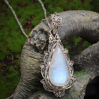 Retro Moonstone Pendant Necklace for Women | Ethnic Style Teardrop Synthetic 561