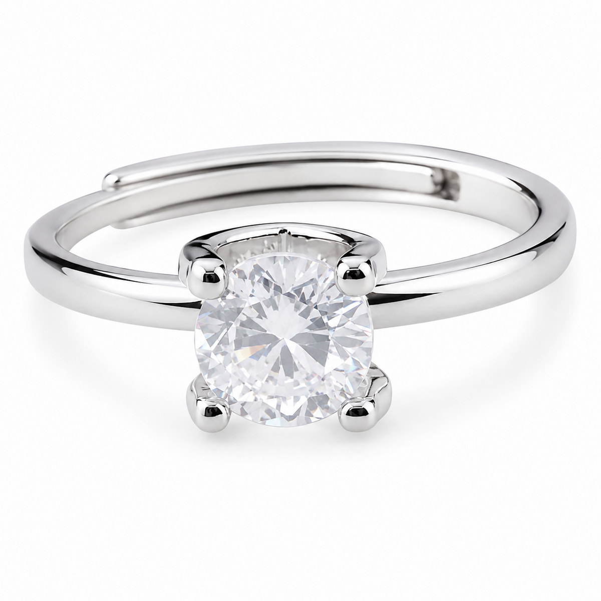 Round Cut Solitaire Ring Silver-Plated Alloy 4 Prong Engagement Ring Adjust 1616
