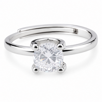 Round Cut Solitaire Ring Silver-Plated Alloy 4 Prong Engagement Ring Adjust 1616