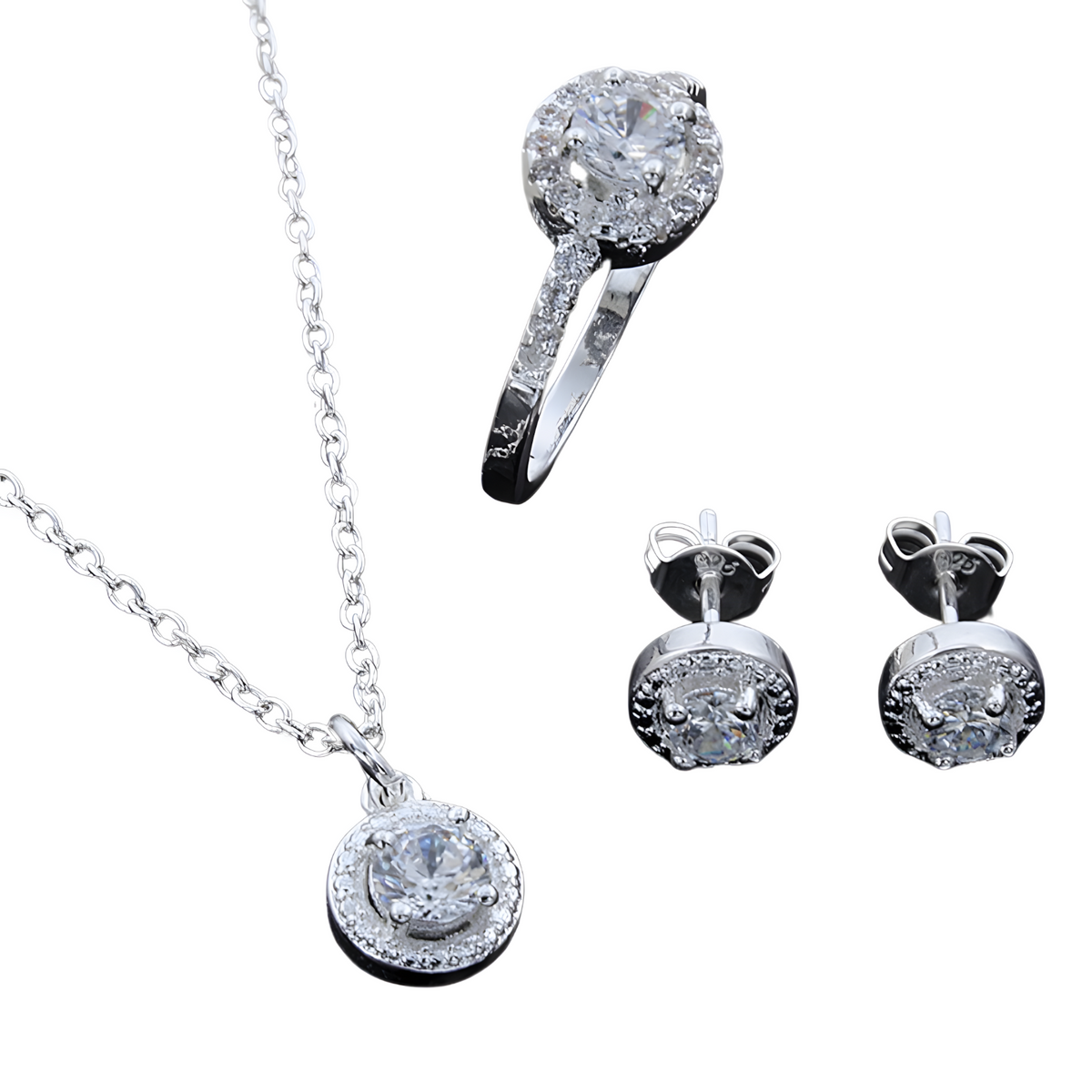 925 Silver-Plated Round Zircon Jewellery Set Halo Necklace, Earrings & Ring 846