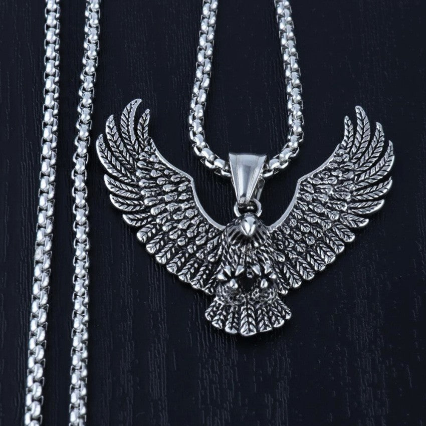 Gothic Eagle Wings Pendant Necklace, 60 cm Silver Tone Box Chain Necklace 1889