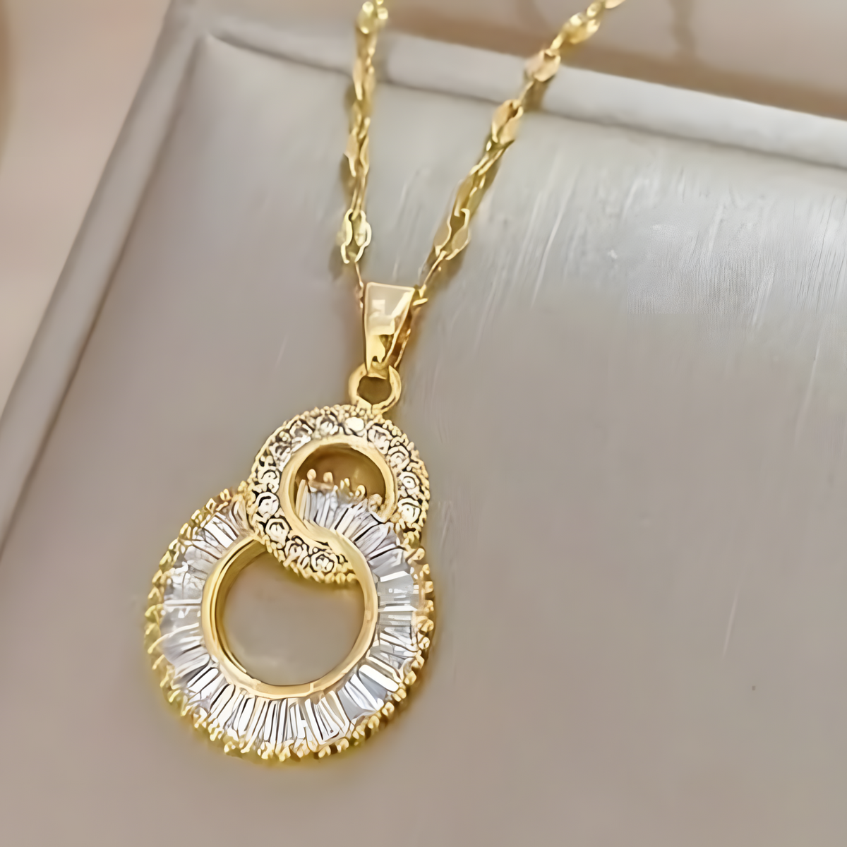 Gold-Tone Crystal Pendant Necklace Women – Round Double Circle Design, Stain 802
