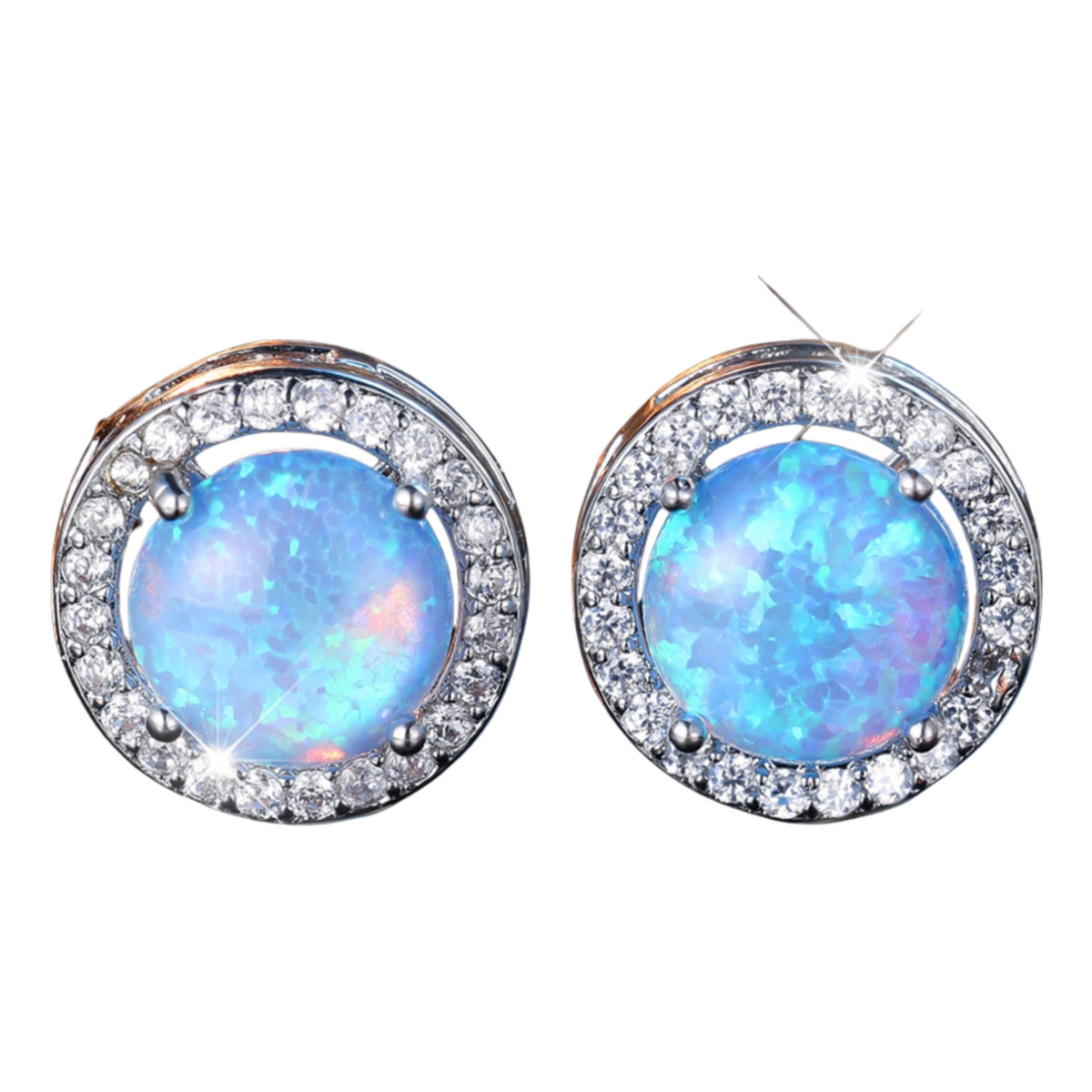 Blue Opal Stud Earrings for Women – Round Halo Cubic Zirconia Design, Copper 999